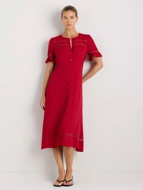 Quince L Flowy Romantic Midi Lace Insets Lightweight Crepe Breathable Flutter